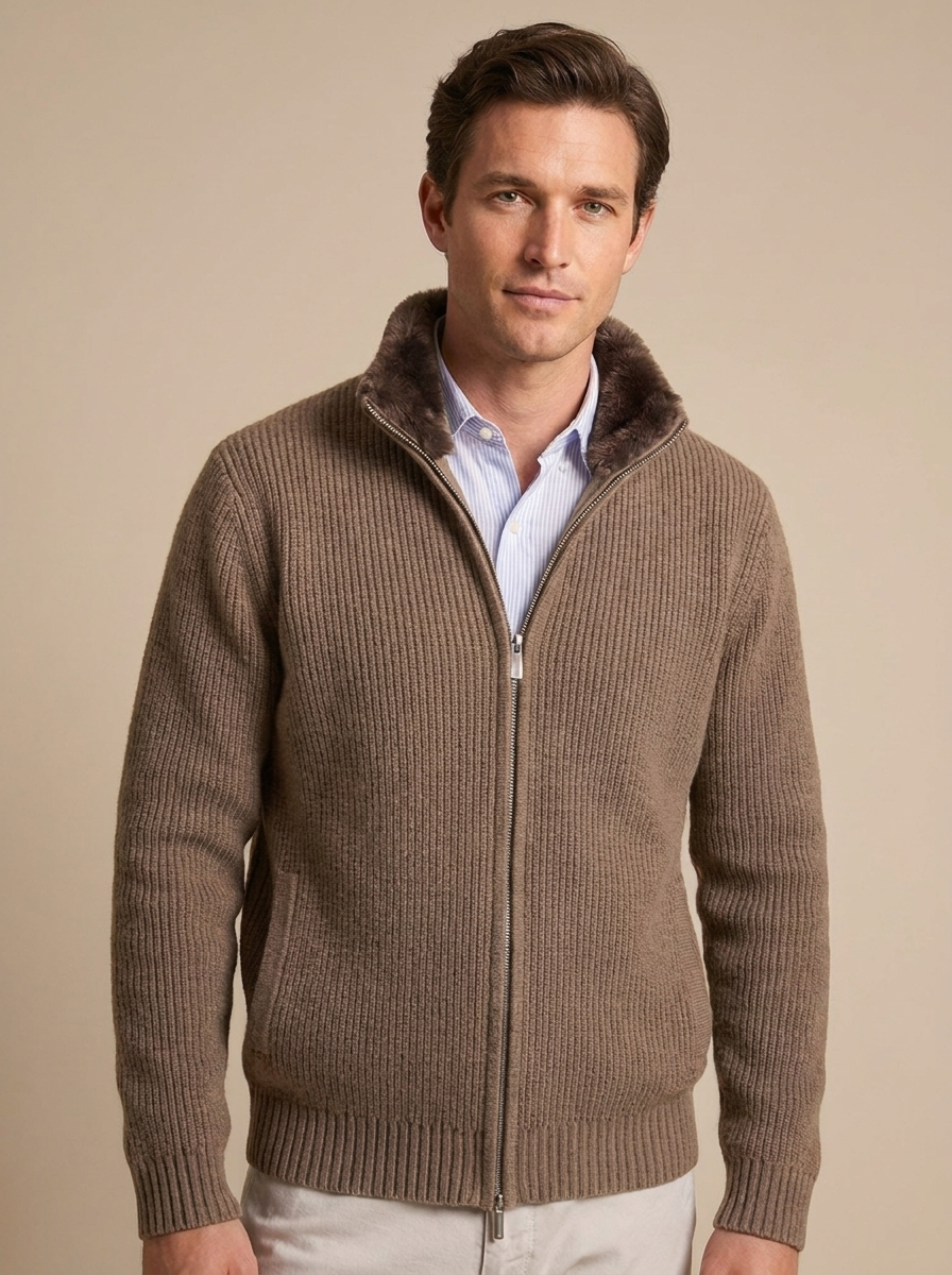 Roger Ribbed Zip Cardigan Fur Collar in Camel