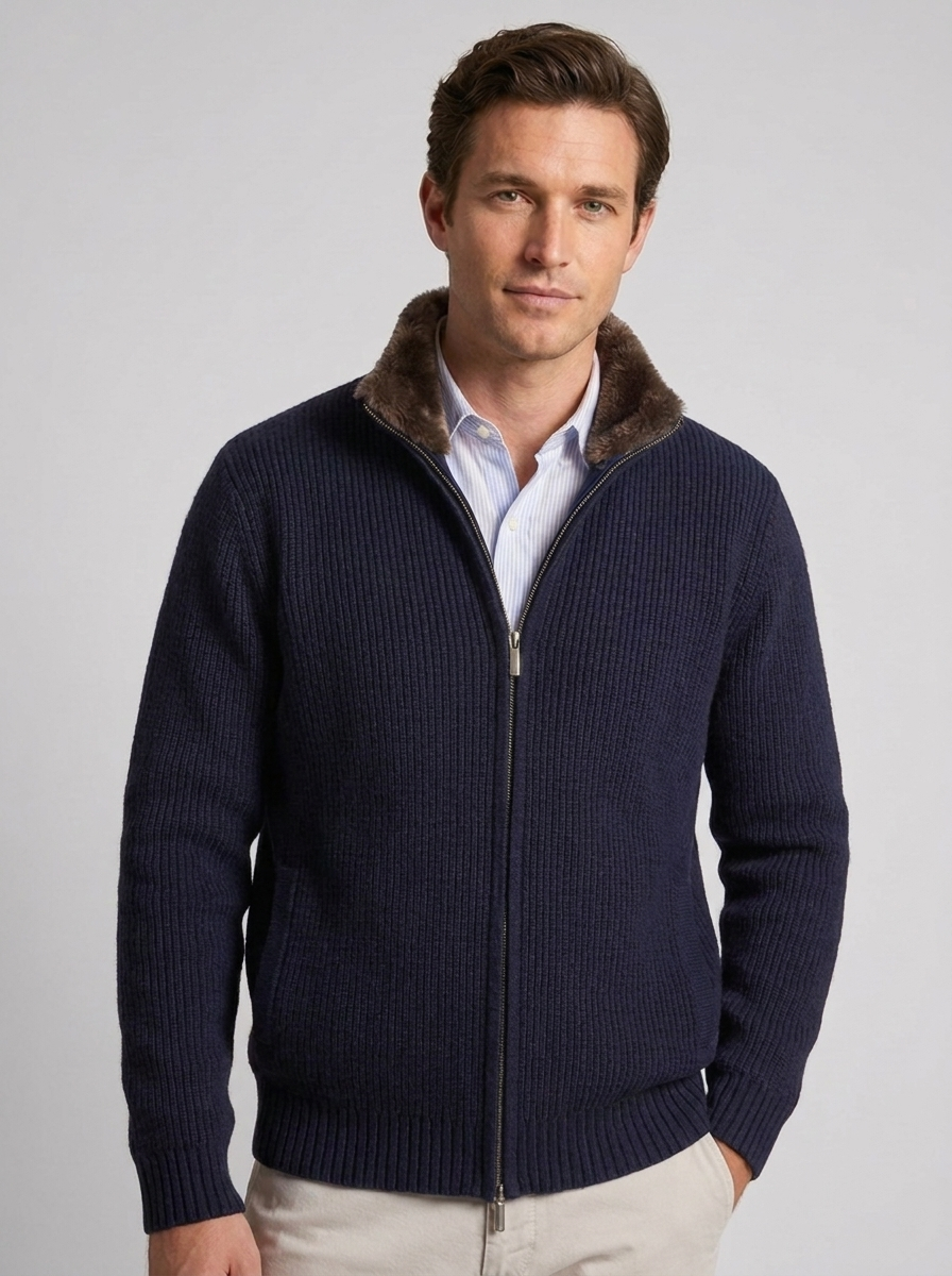 Roger Ribbed Zip Cardigan Fur Collar in Navy