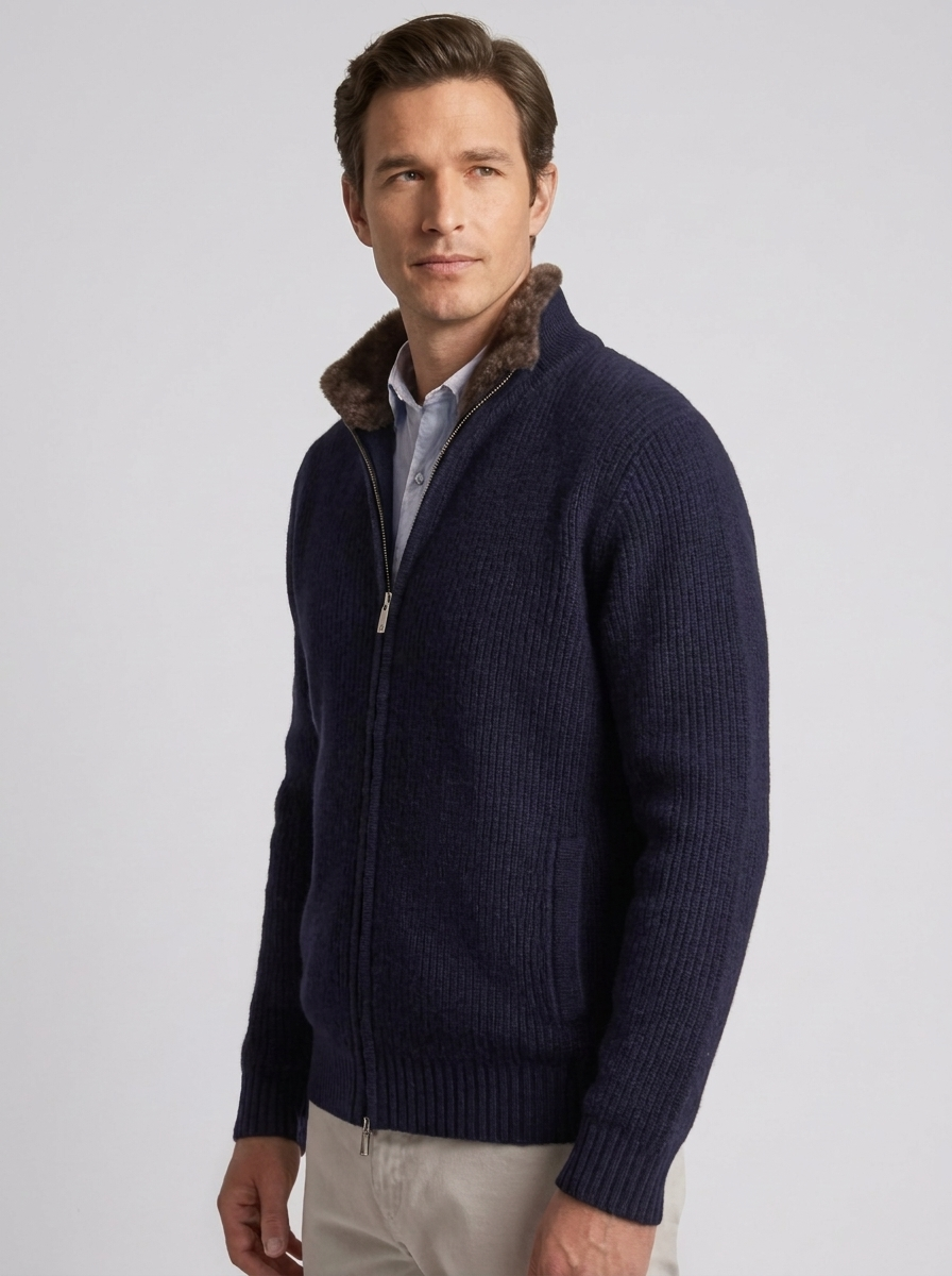 Roger Ribbed Zip Cardigan Fur Collar in Navy