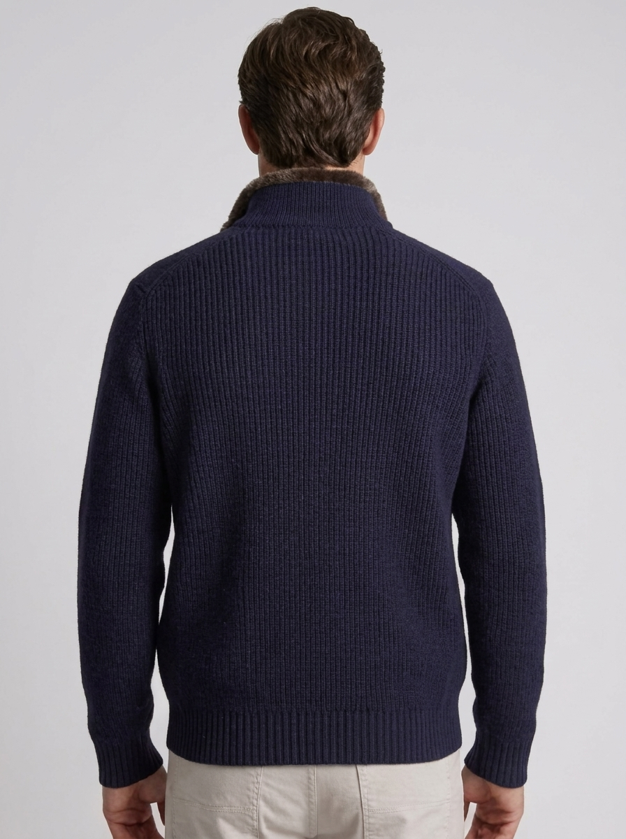 Roger Ribbed Zip Cardigan Fur Collar in Navy