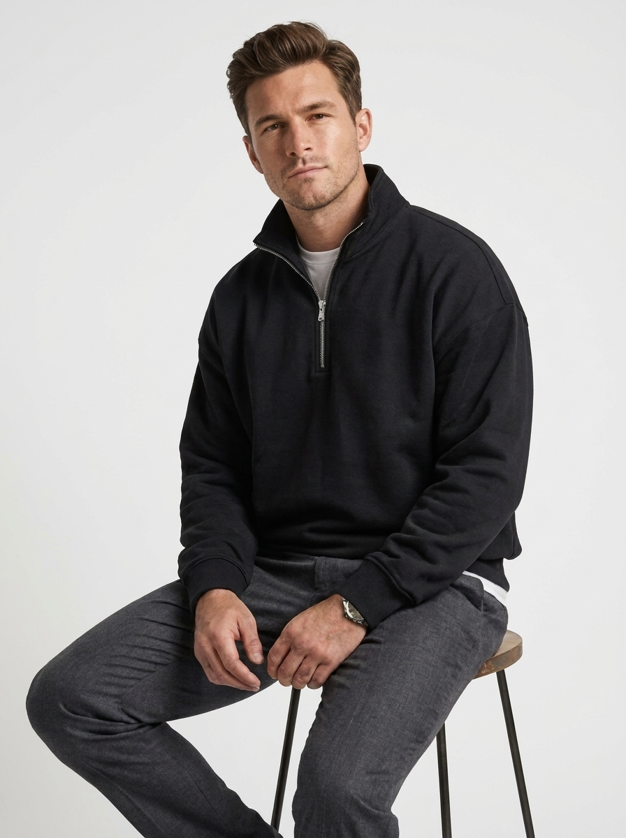 Paul Quarter Zip Stand Collar Sweatshirt in Black