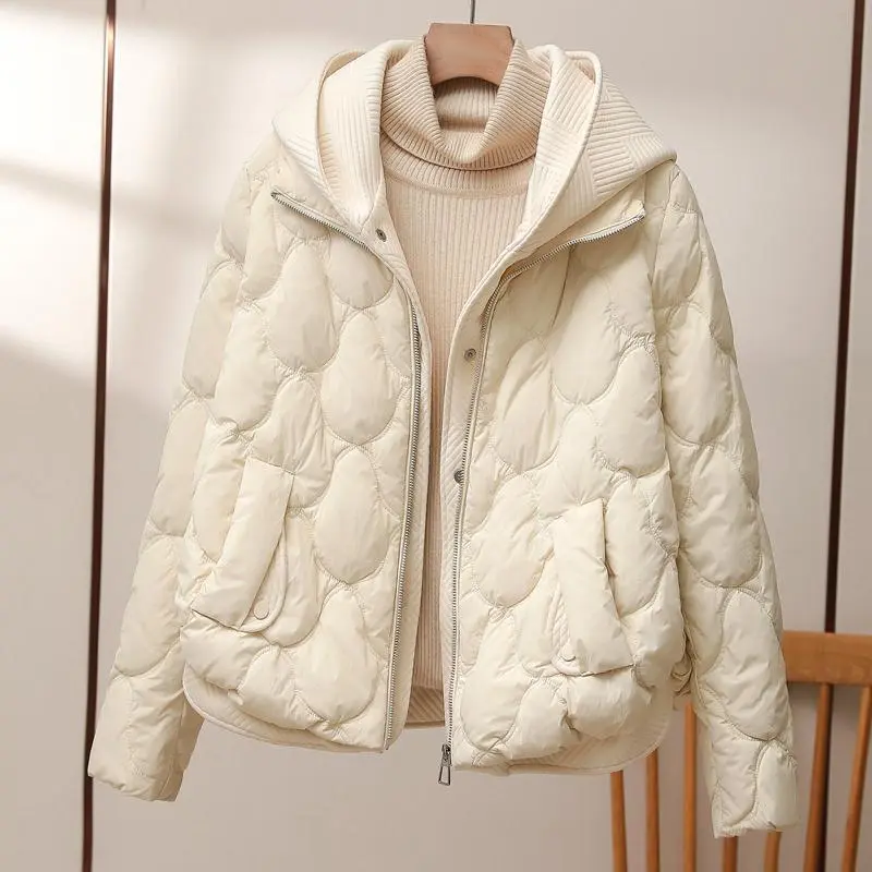 Barbara Quilted Puffer Jacket with Knit Hood in Cream