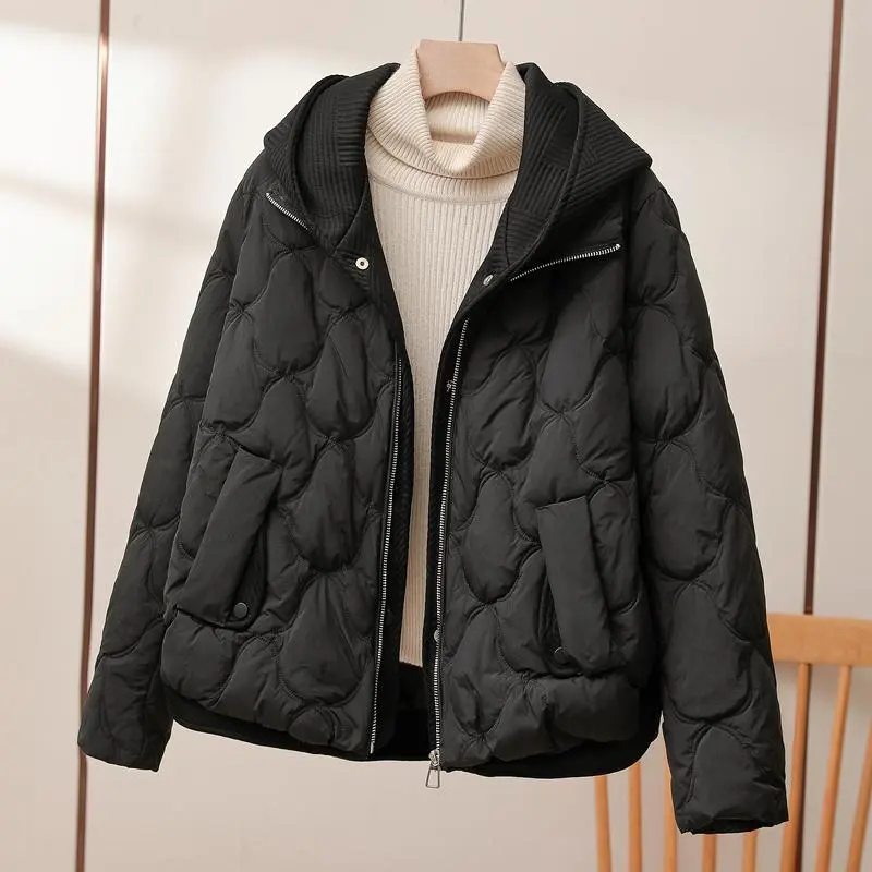 Barbara Quilted Puffer Jacket with Knit Hood in Black