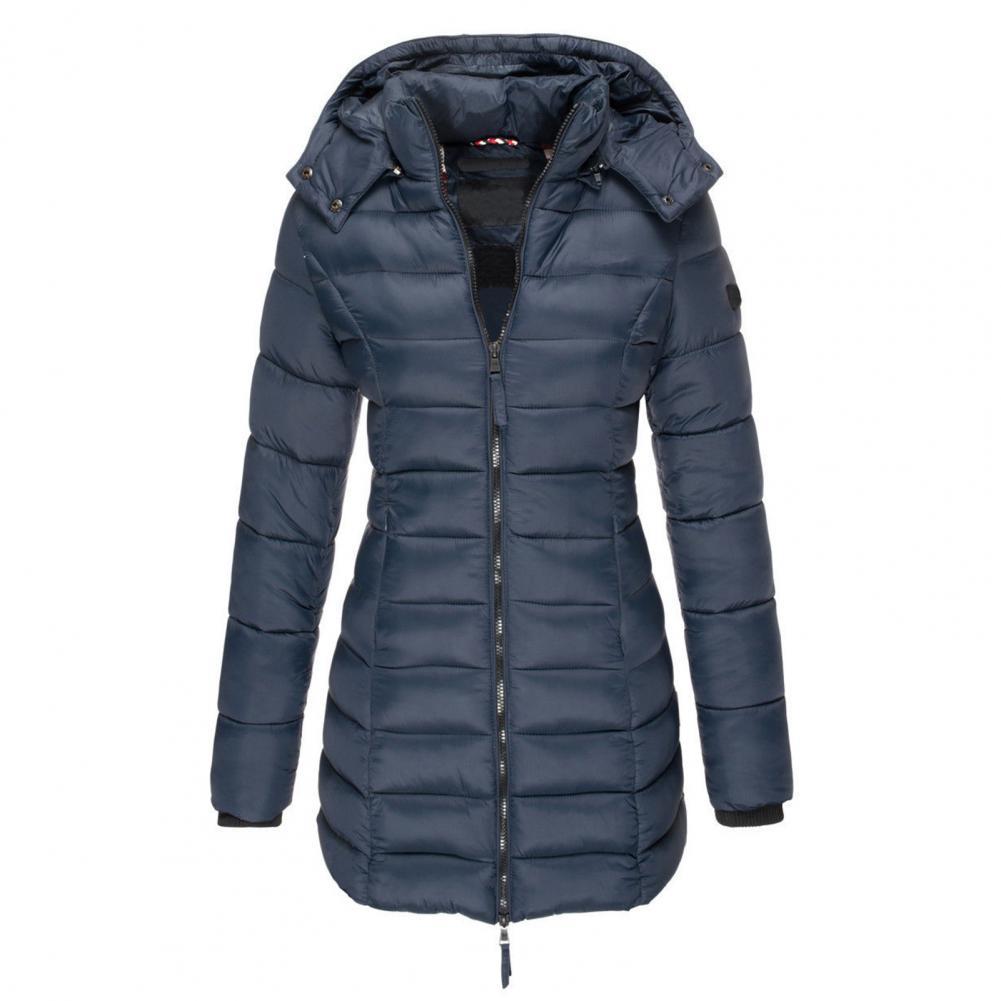 Callie Fitted Long Hooded Puffer Coat in Navy