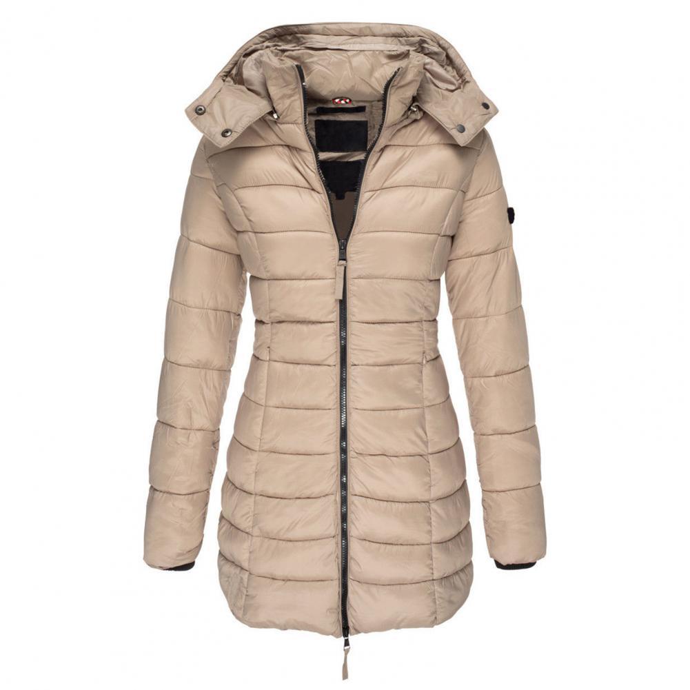 Callie Fitted Long Hooded Puffer Coat in Beige
