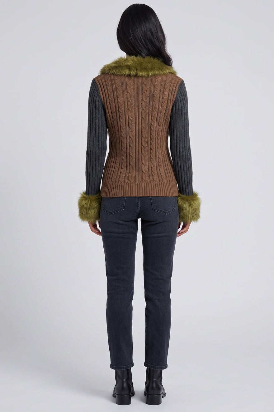 Juniper Colour-Block Cable Cardigan in Green, back view