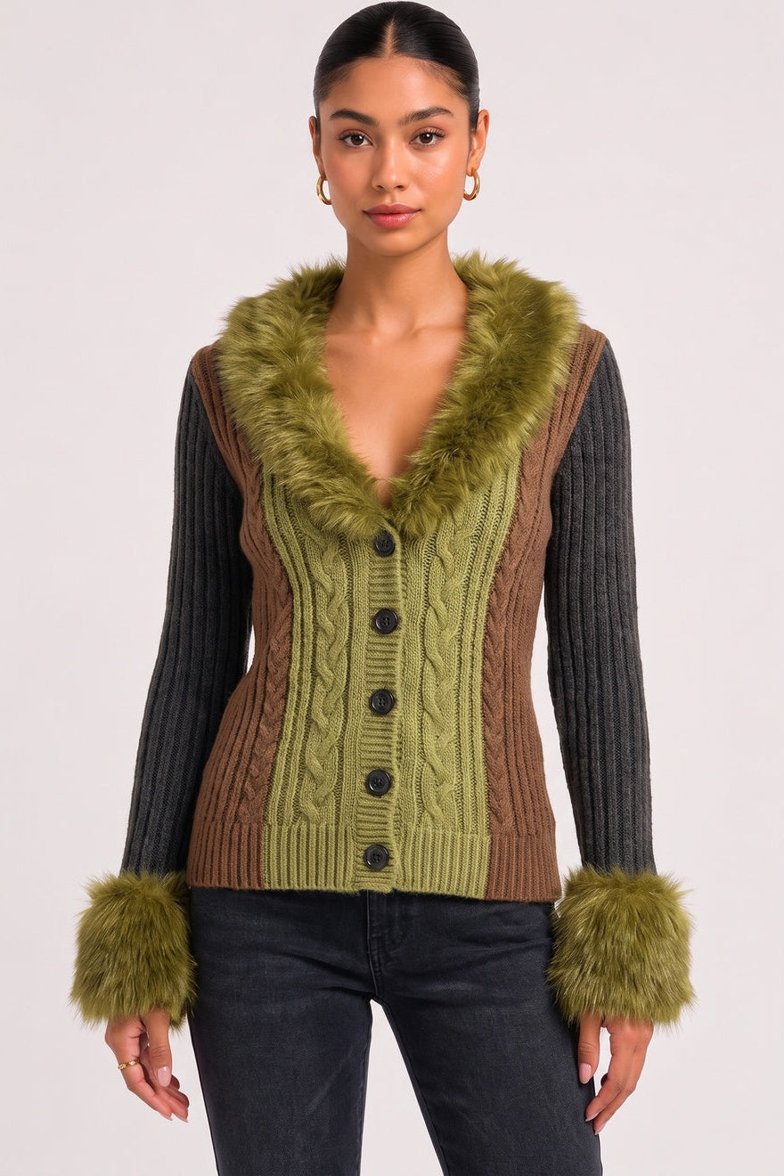 Juniper Colour-Block Cable Cardigan in Green, front view