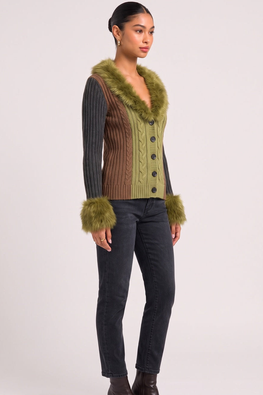 Juniper Colour-Block Cable Cardigan in Green, side view