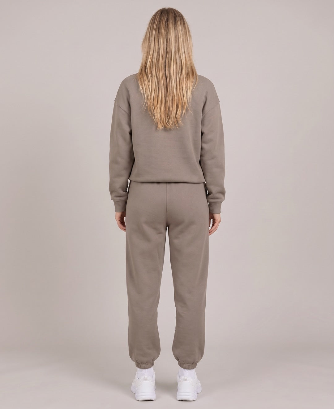 Khaki crew neck sweatshirt and joggers set back view on model