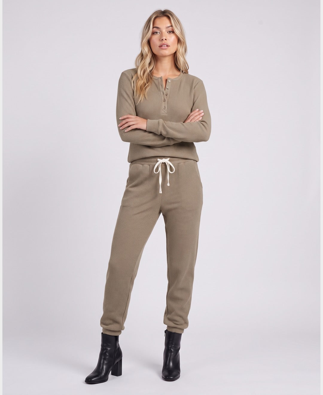 Brenda Waffle Henley Set in Khaki, front view