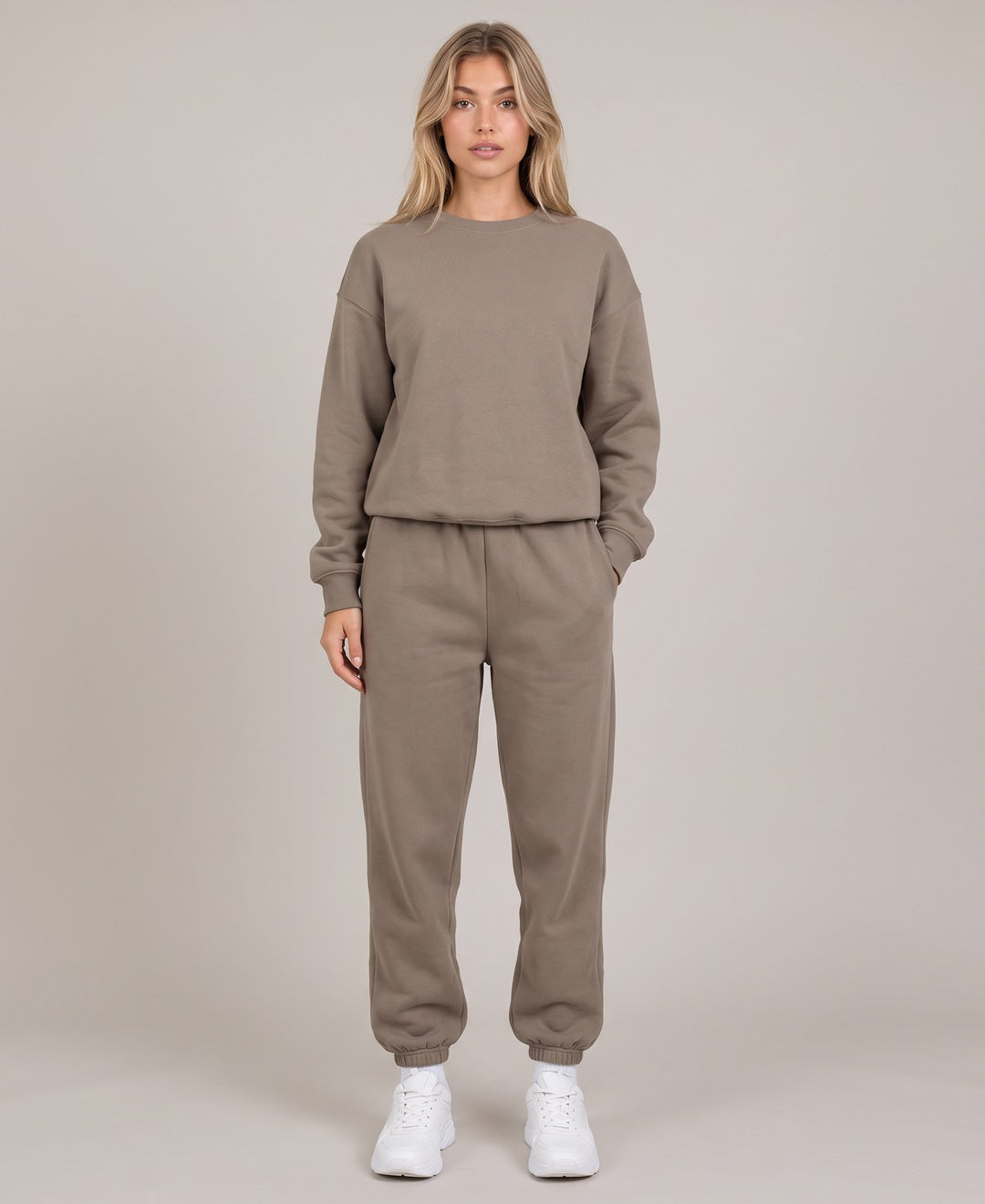 Khaki crew neck sweatshirt and joggers set front view on model