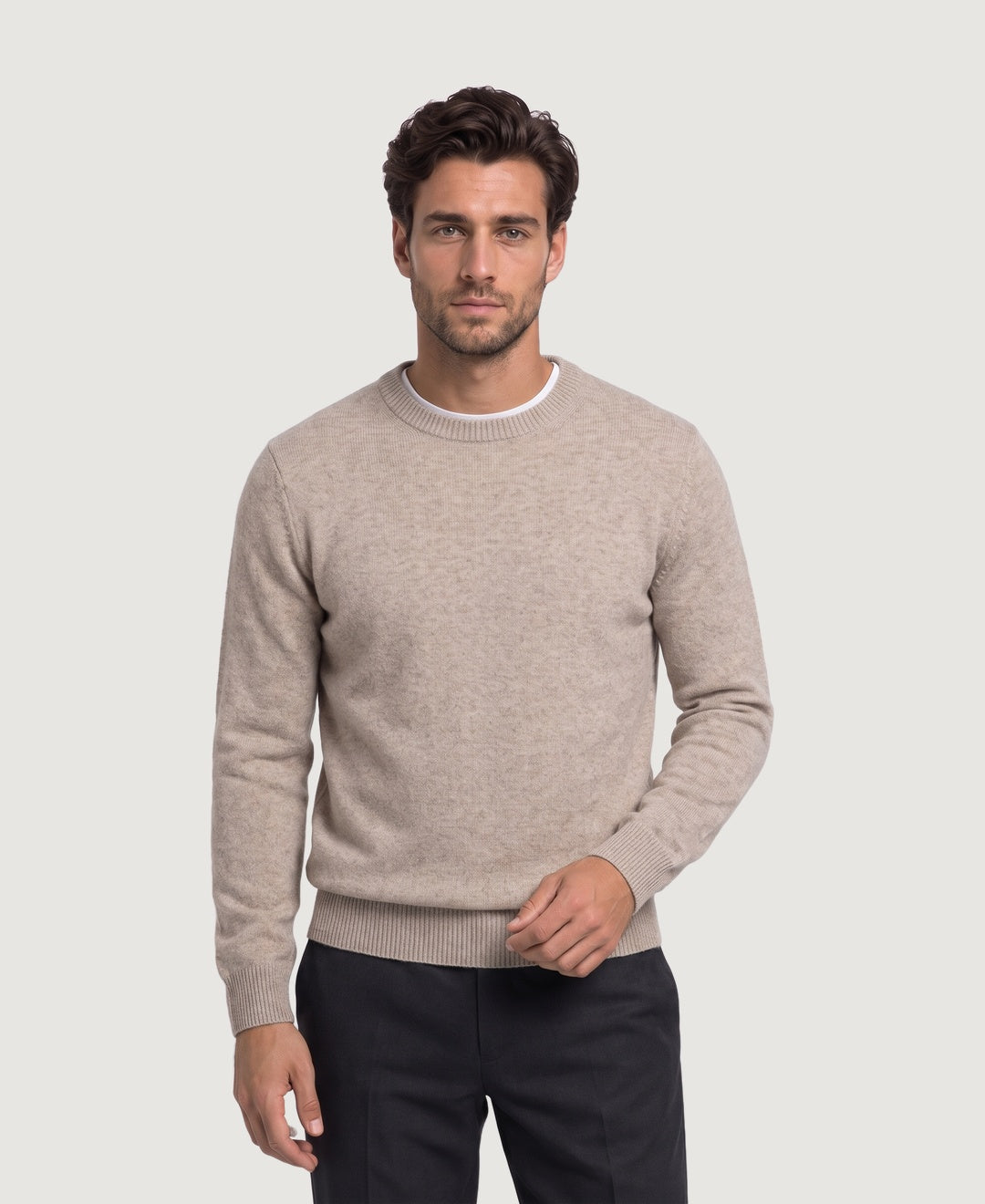 Men's soft knit crew neck jumper in khaki, front view