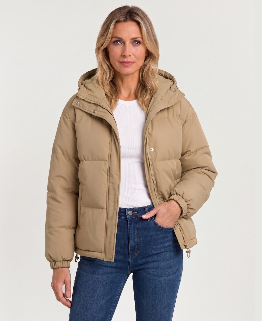 Women's short hooded puffer jacket khaki front view