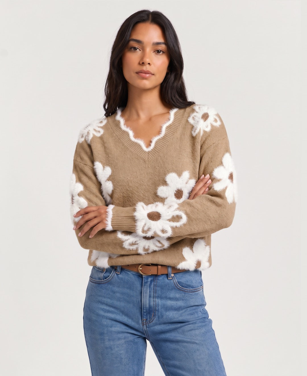 Women's V neck jumper with 3D daisy appliques in khaki, front view