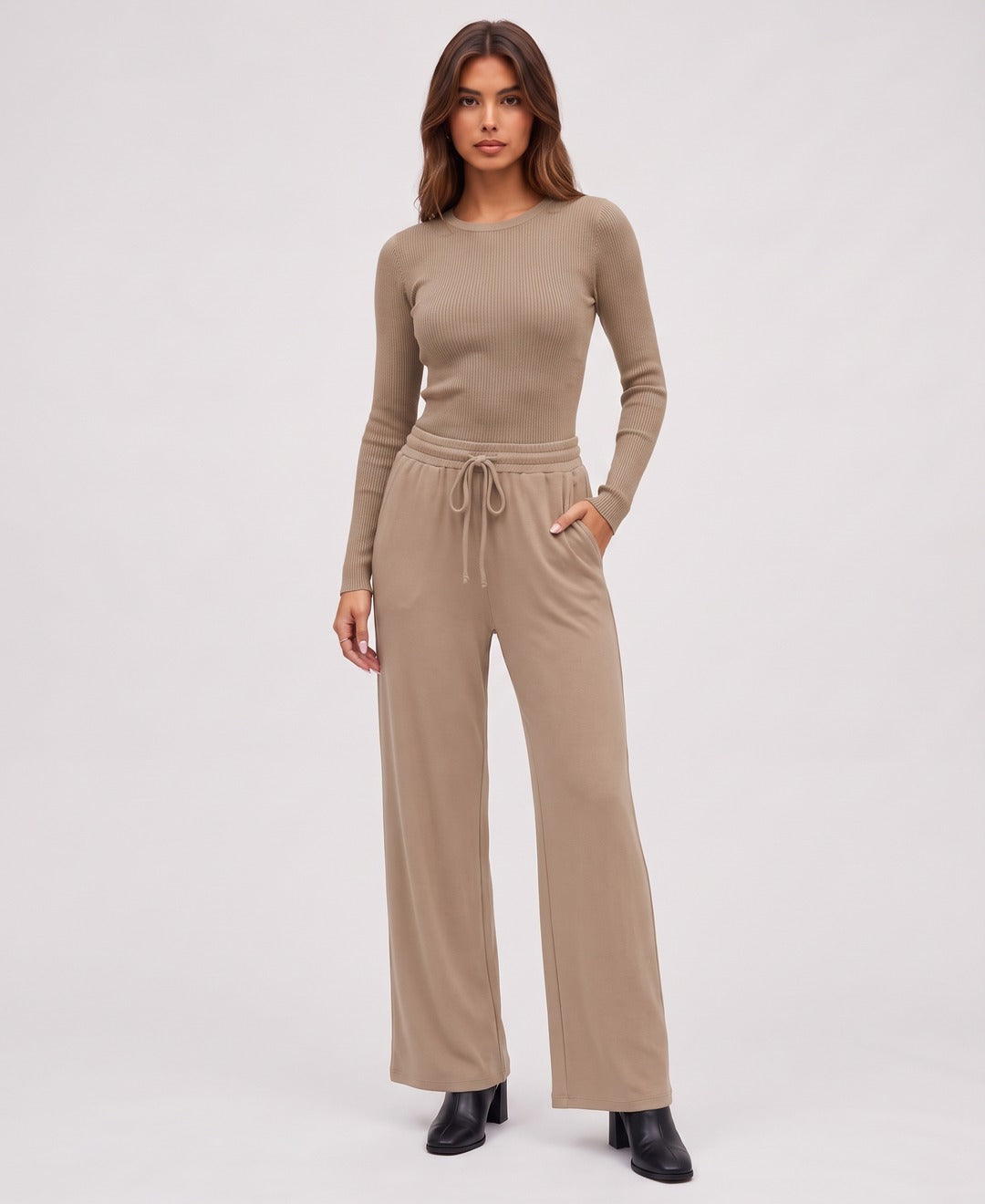 Marisol Rib Set in Khaki, front view