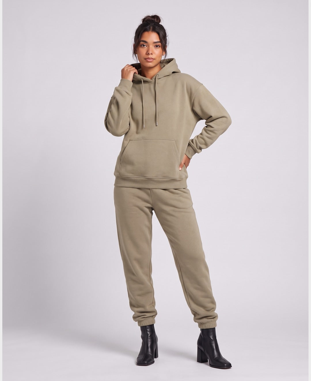 Giselle Hoodie Jogger Set in Khaki, front view