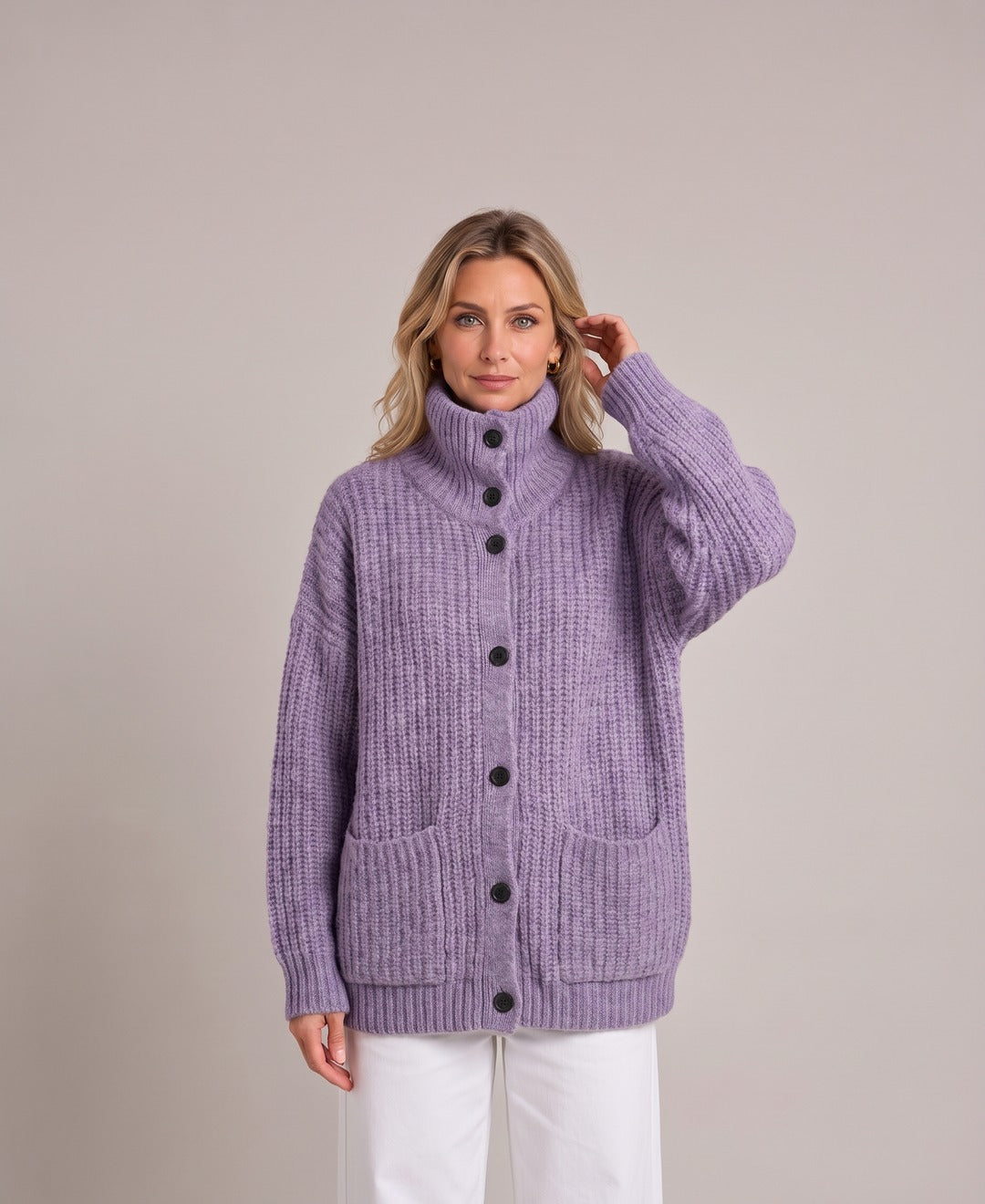 Women's Chunky Rib Knit Button Cardigan Funnel Collar Pockets in Lavender, front view