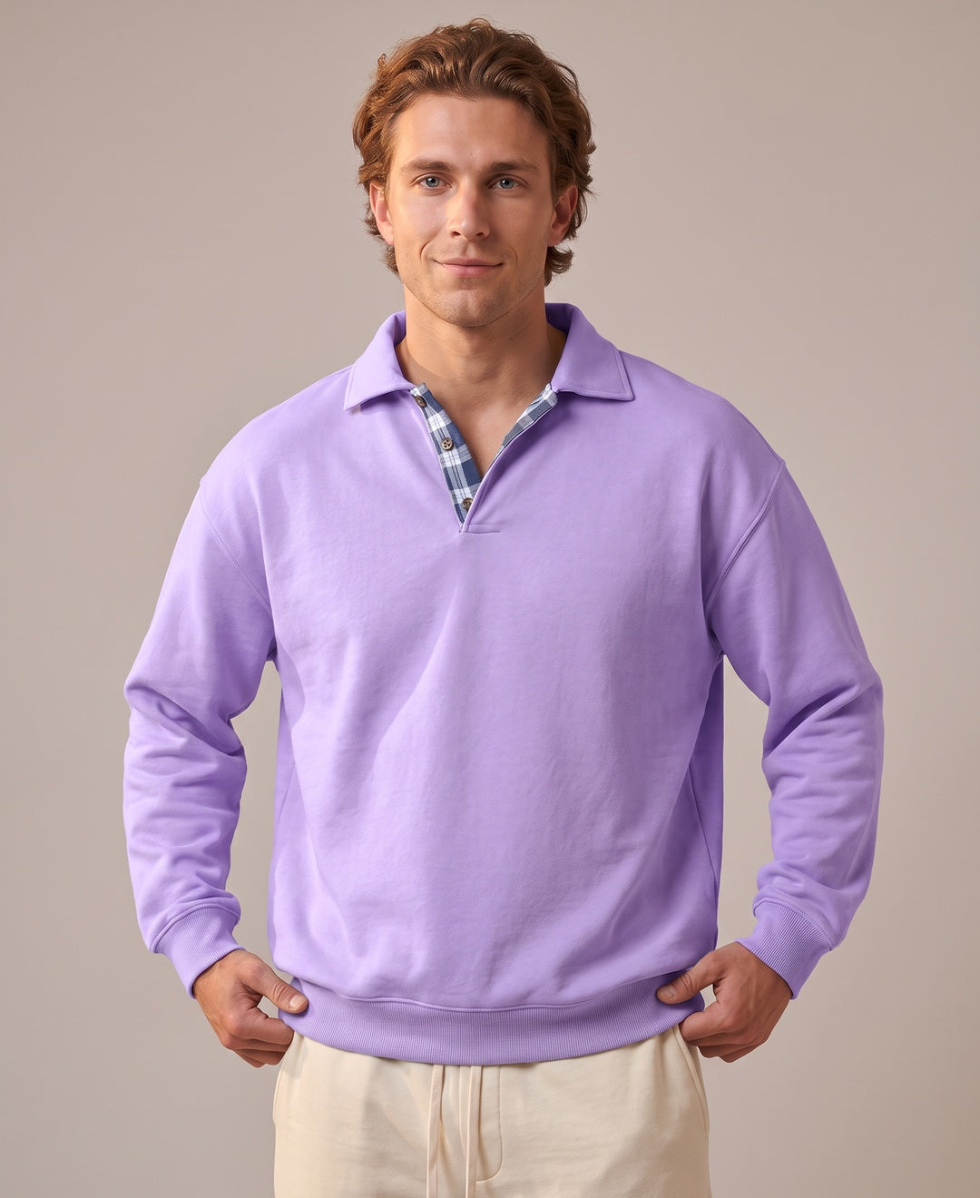 Men's lavender collared sweatshirt, front view