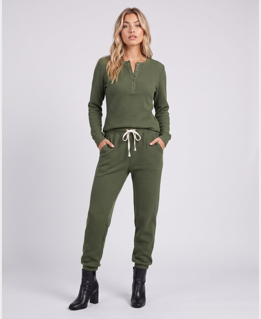 Brenda Waffle Henley Set in Leaf Green, front view