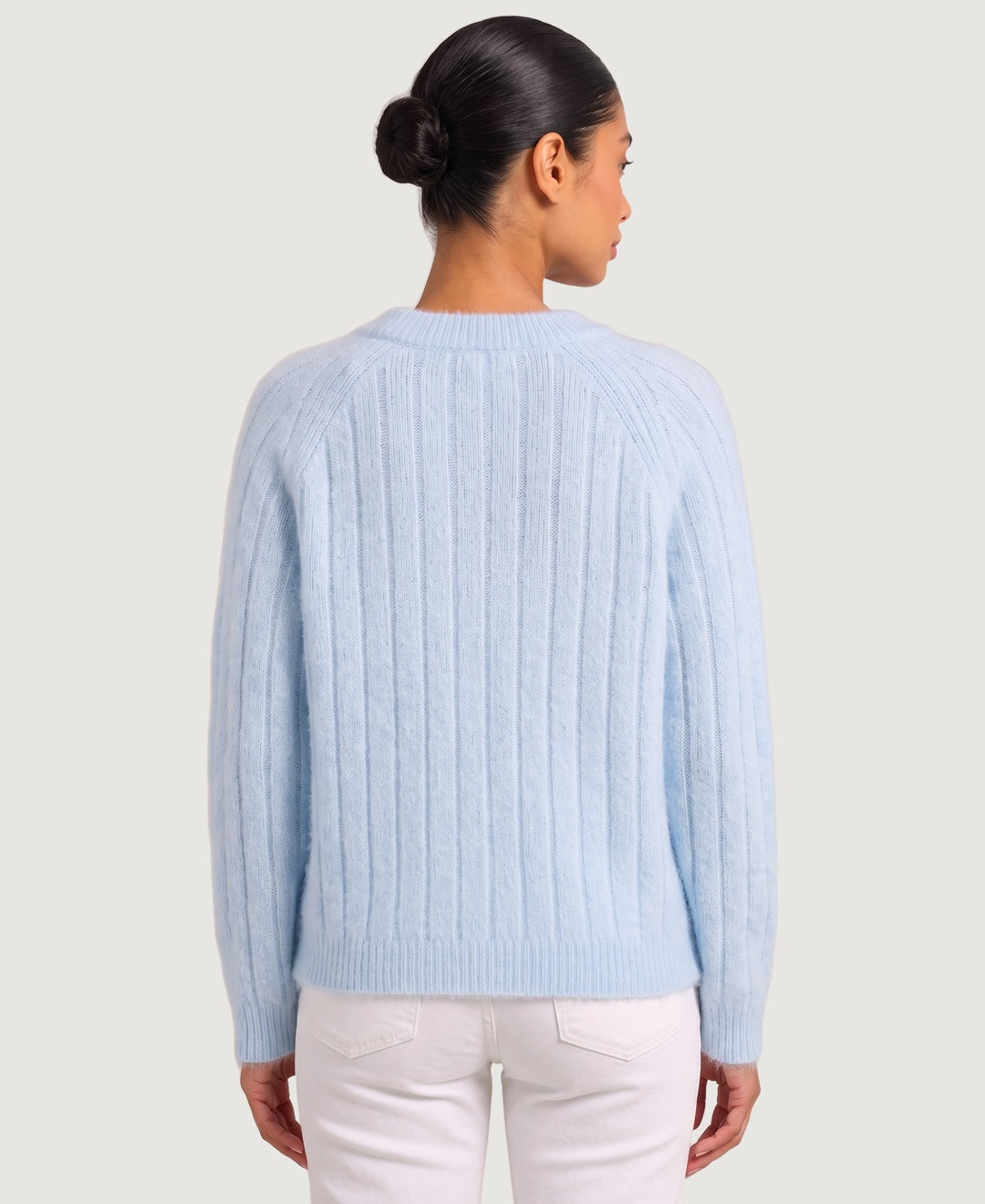 Women's wide rib knit jumper with raglan sleeves, back view – Light Blue