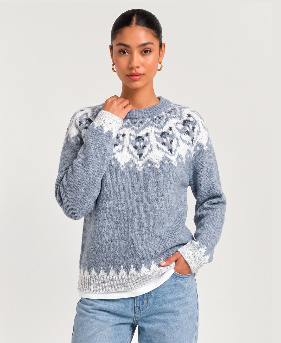 Women's Fair Isle yoke jumper in light blue, front view