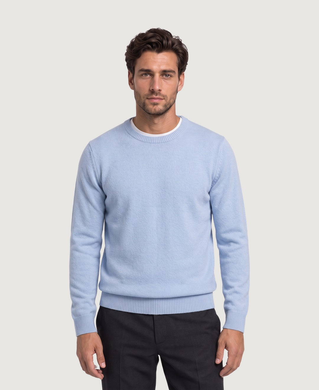 Men's soft knit crew neck jumper in light blue, front view