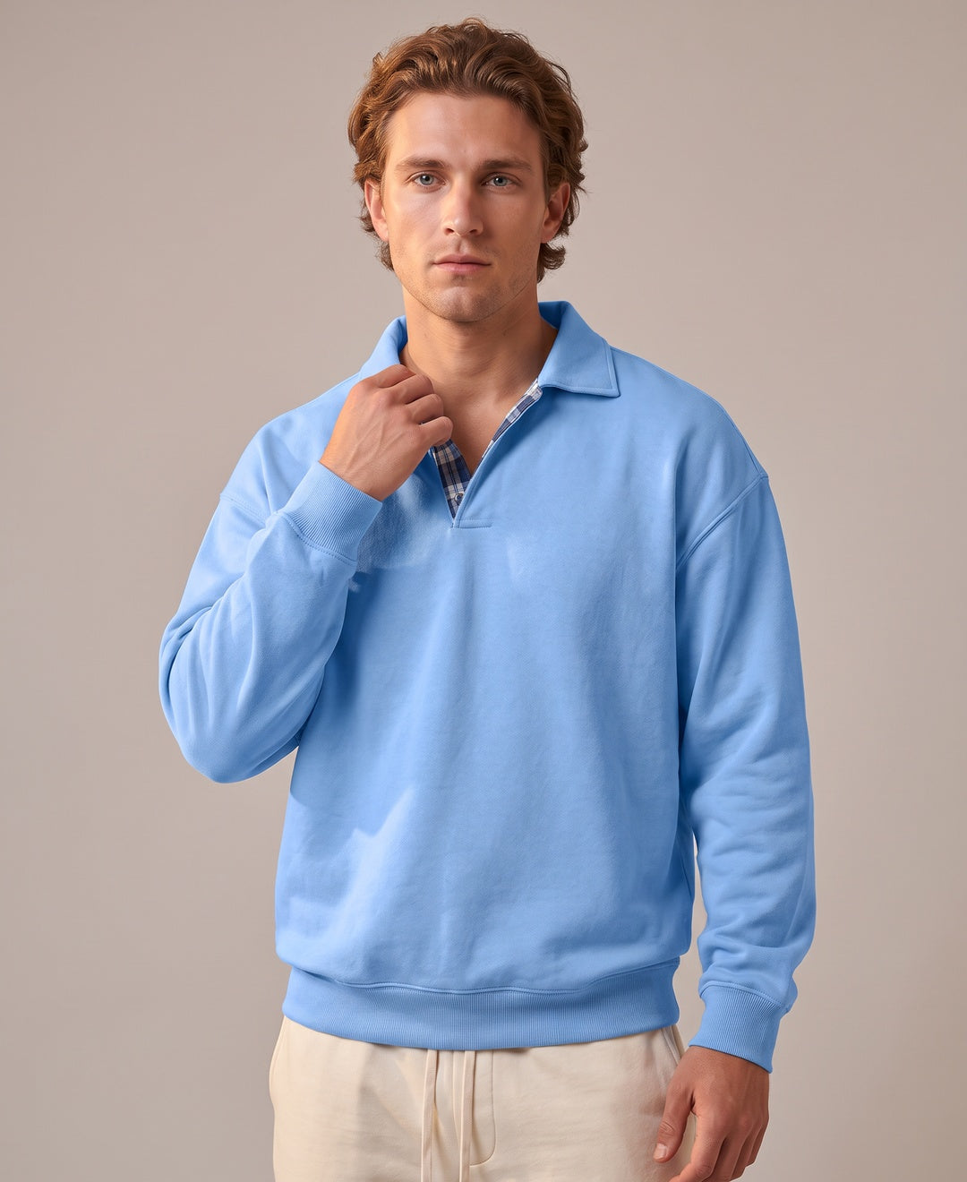 Men's light blue collared sweatshirt, front view