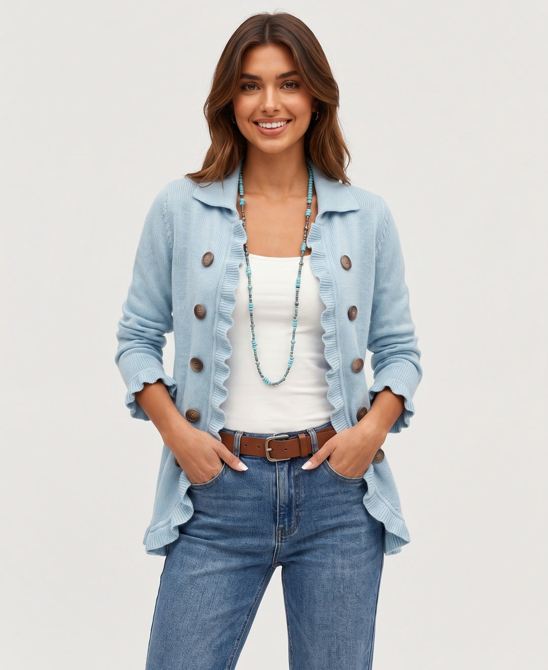 Women's collared ruffle trim knit cardigan with double buttons in light blue, front view