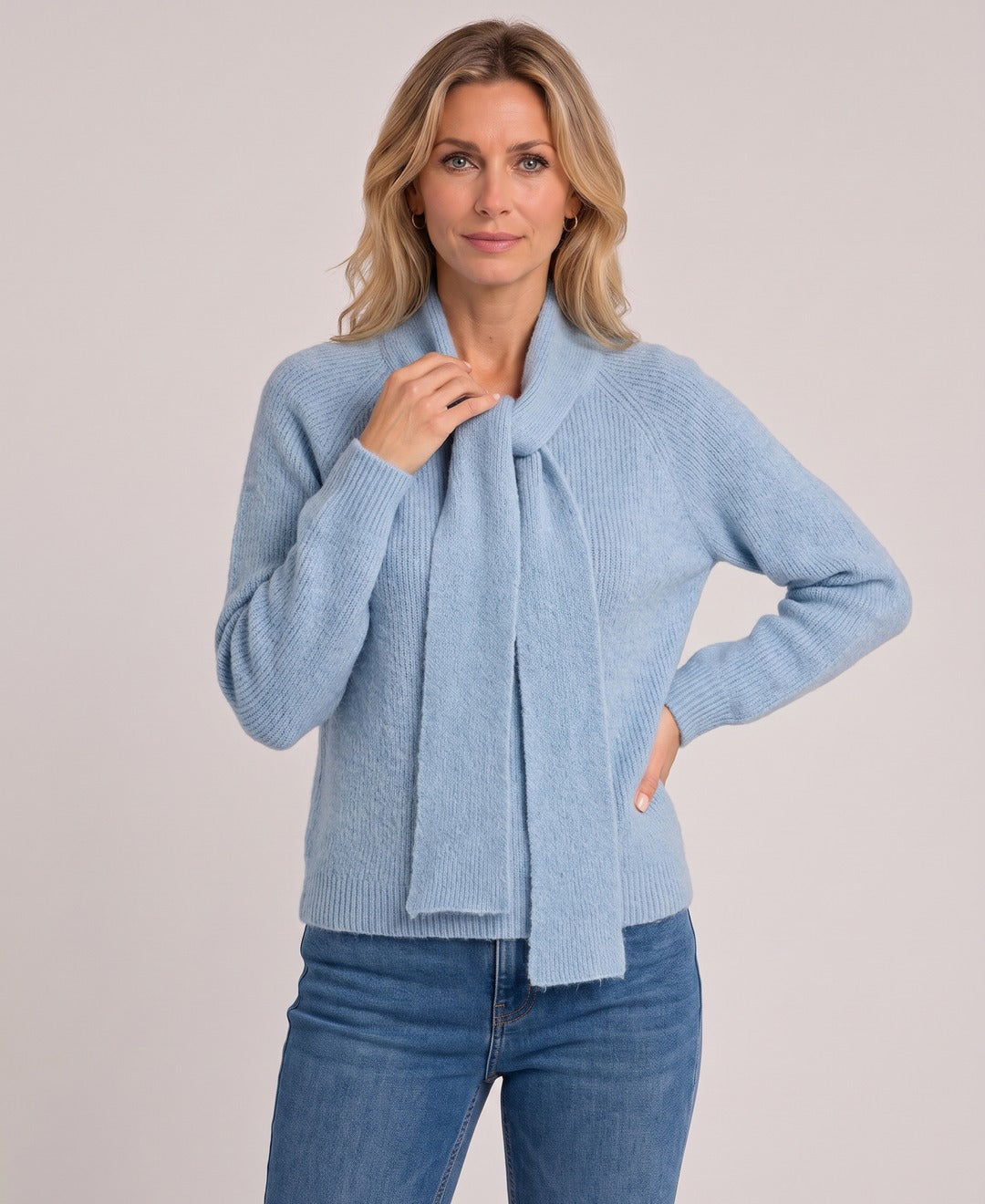 Women's Knit Jumper Scarf Tie Neck Raglan Sleeves in Light Blue, front view