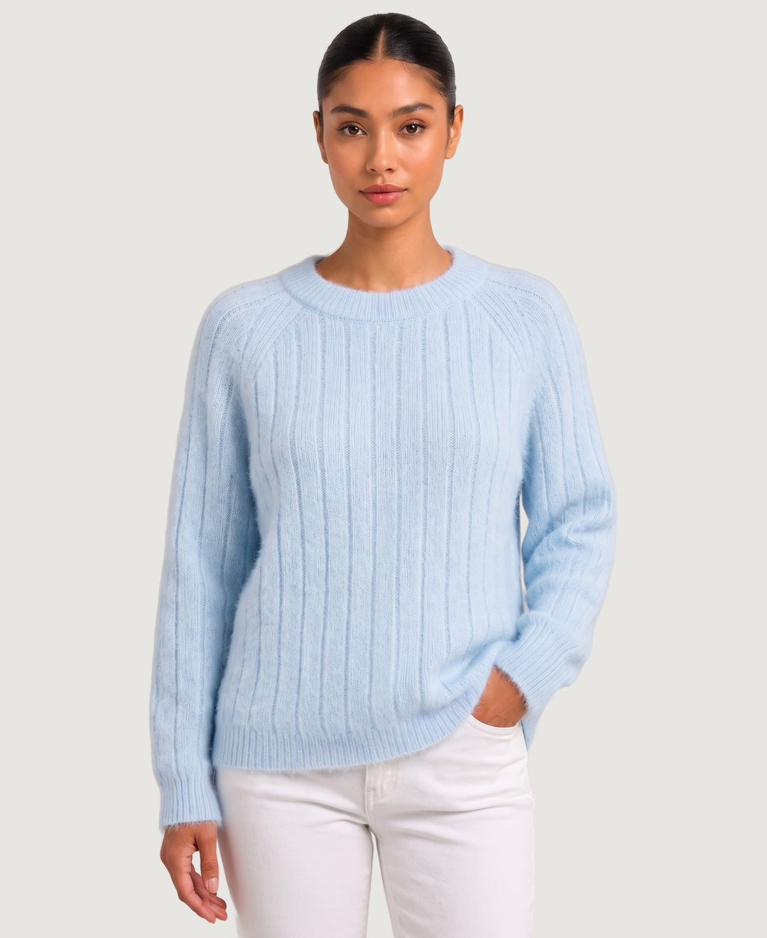 Women's wide rib knit jumper with raglan sleeves, front view – Light Blue