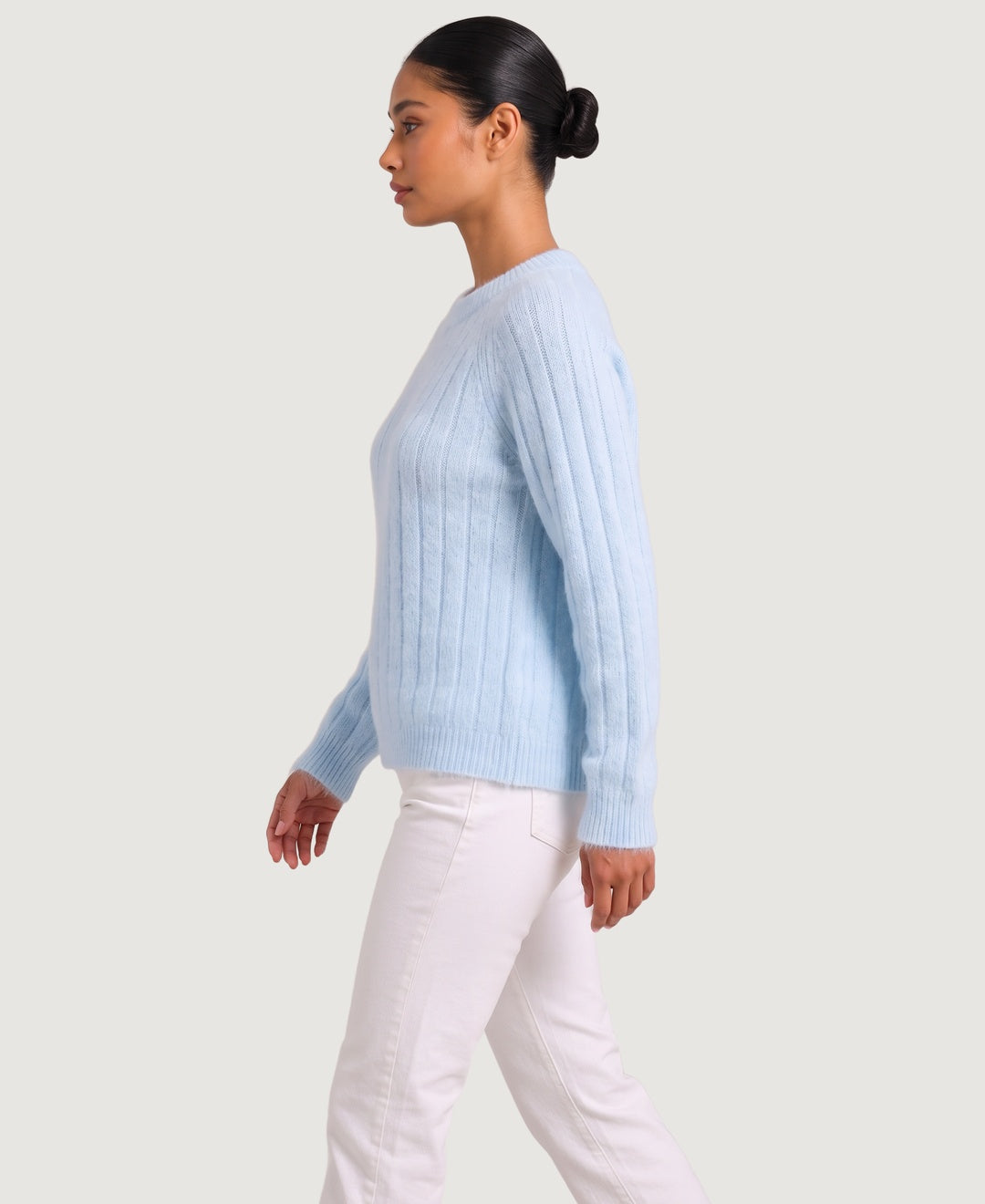 Women's wide rib knit jumper with raglan sleeves, side view – Light Blue