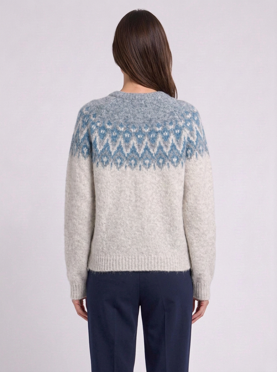 Fair Isle Yoke Round Neck Button Cardigan, light grey Fair Isle cardigan, back view