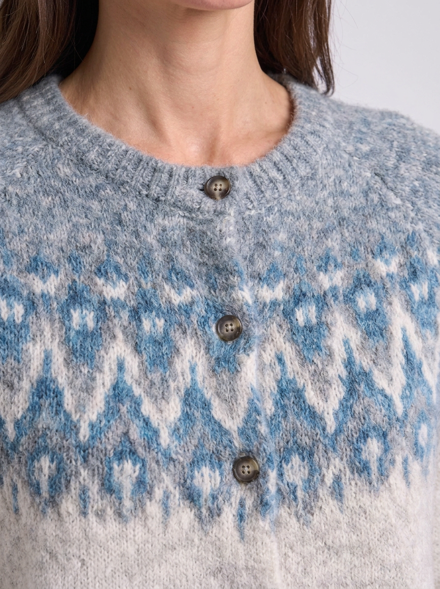 Fair Isle Yoke Round Neck Button Cardigan, Fair Isle yoke and buttons, close-up