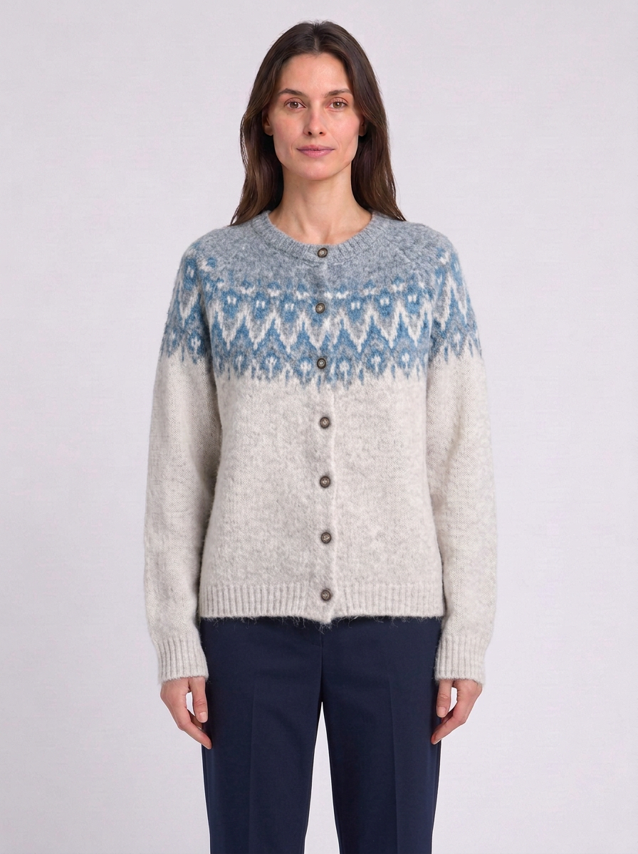 Fair Isle Yoke Round Neck Button Cardigan, light grey Fair Isle cardigan, front view