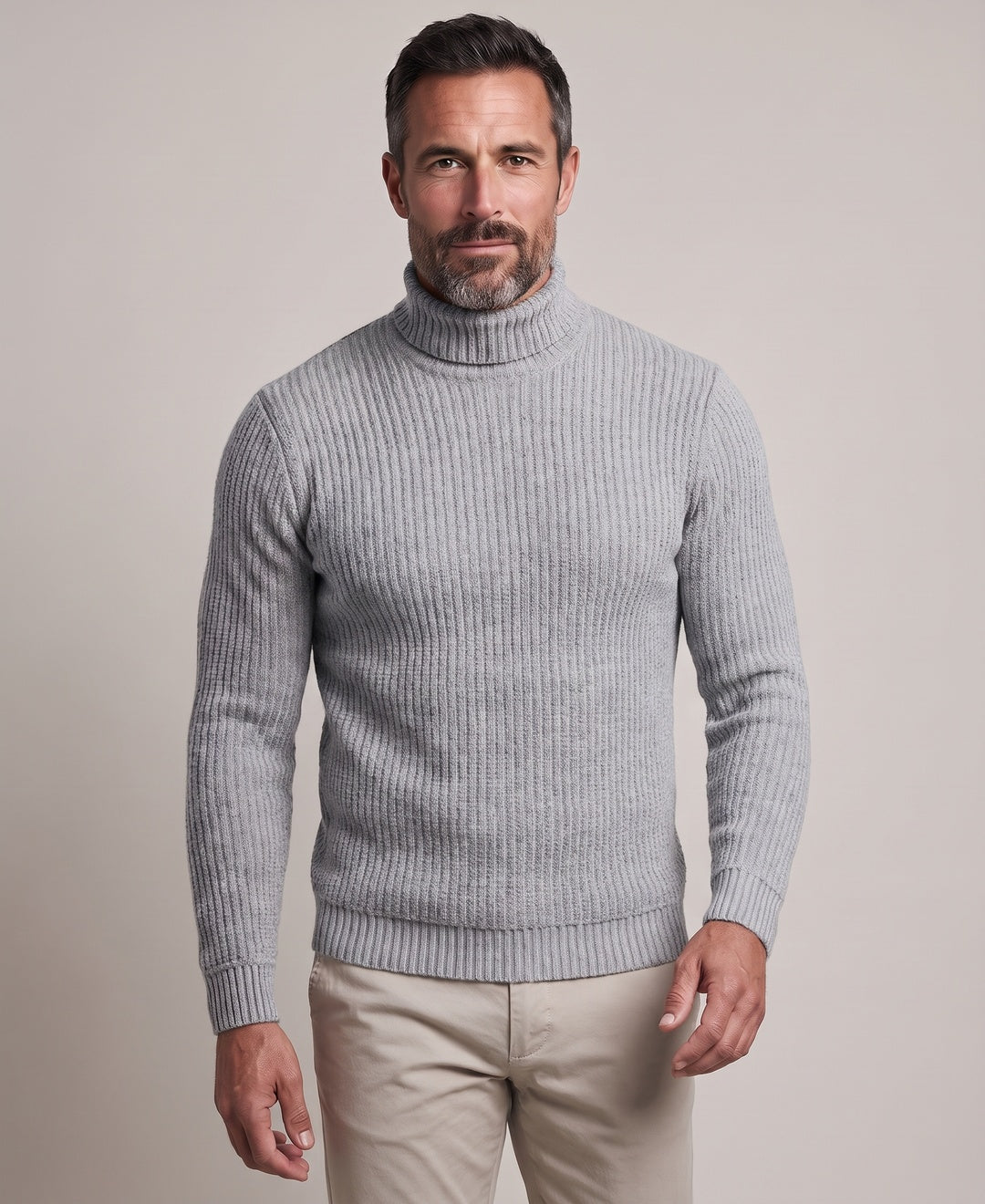 Men's light grey roll neck jumper, front view