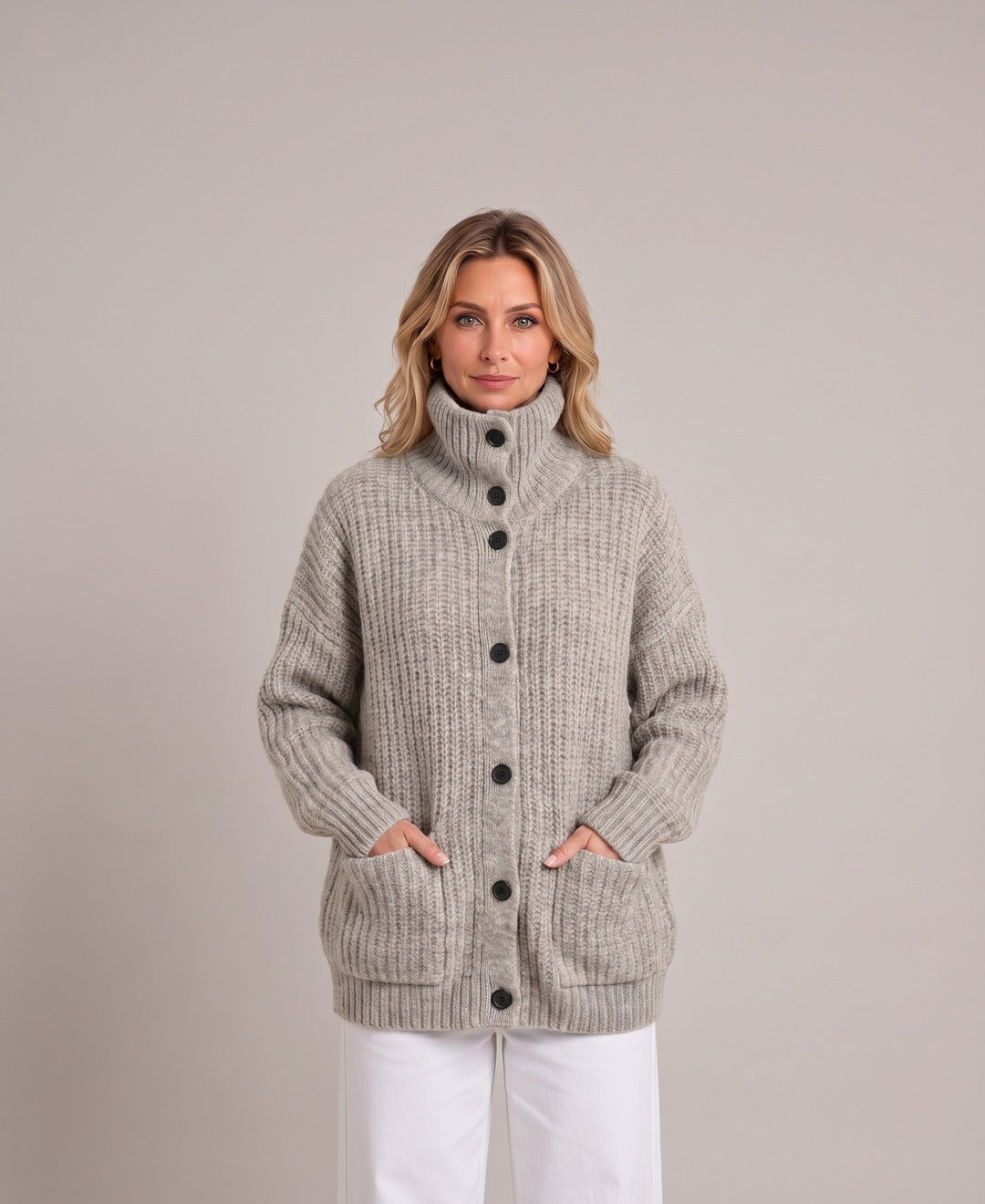 Women's Chunky Rib Knit Button Cardigan Funnel Collar Pockets in Light grey, front view