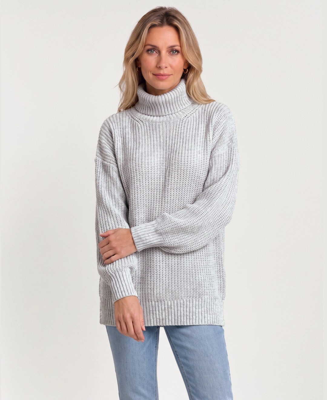 Women's chunky rib knit roll neck jumper light grey front view