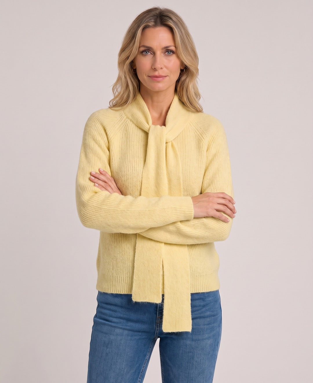 Women's Knit Jumper Scarf Tie Neck Raglan Sleeves in Light Yellow, front view