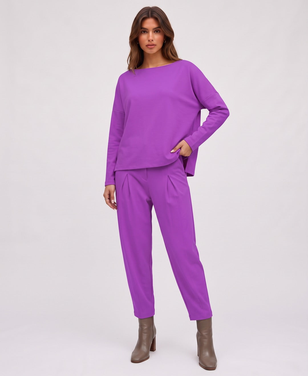 Yvette Boatneck Set in Purple, front view