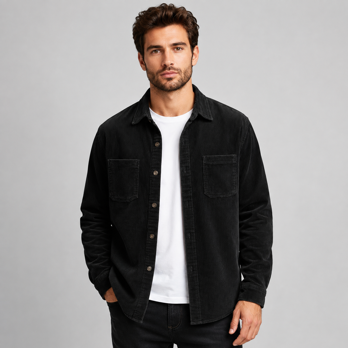 Men Corduroy Overshirt Shacket Lapel Collar Black