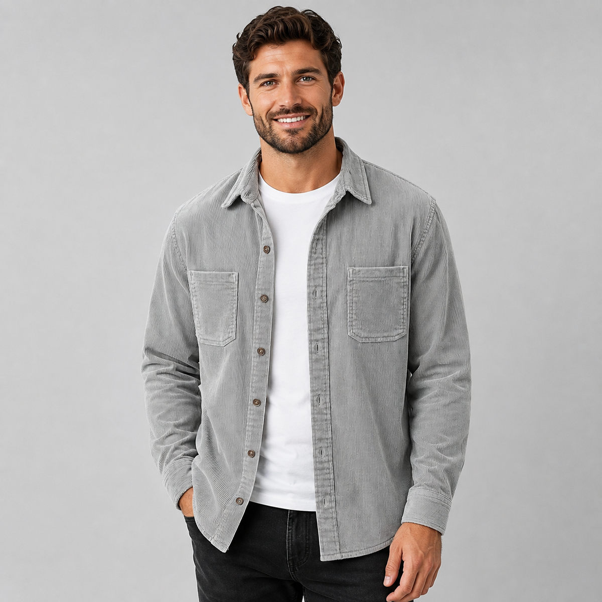 Men Corduroy Overshirt Shacket Lapel Collar Grey