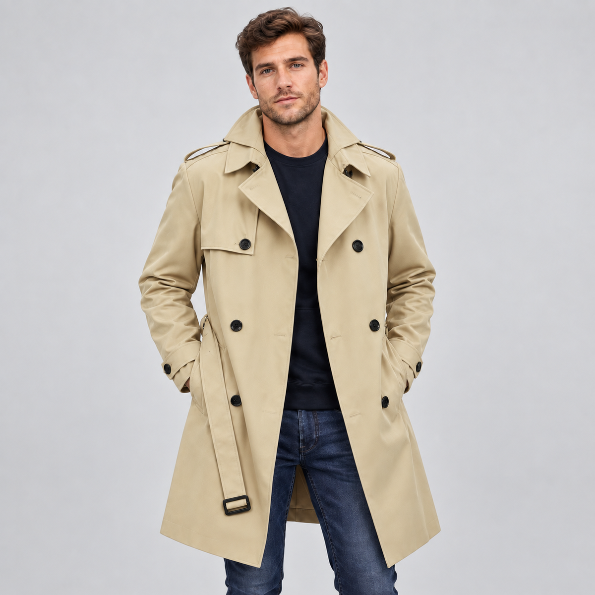 Men Double Breasted Trench Coat Tailored Fit