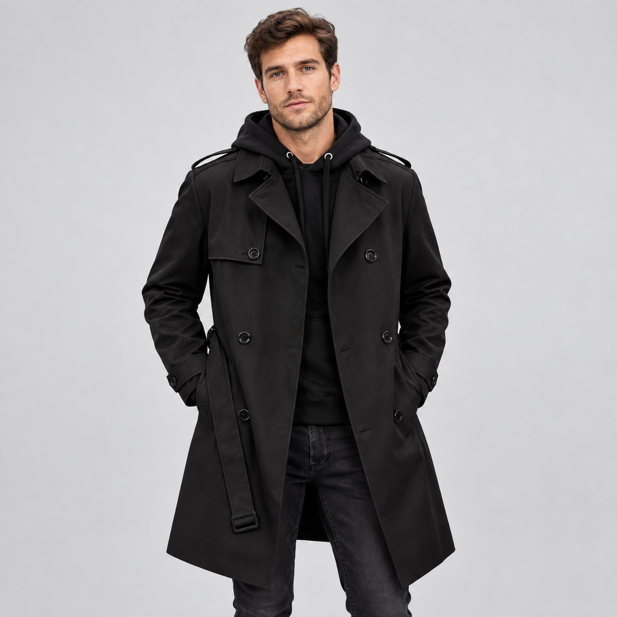 Men Double Breasted Trench Coat Tailored Fit