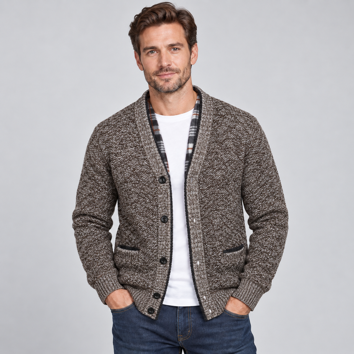 Men Fleece Lined Cardigan V-Neck Button Front