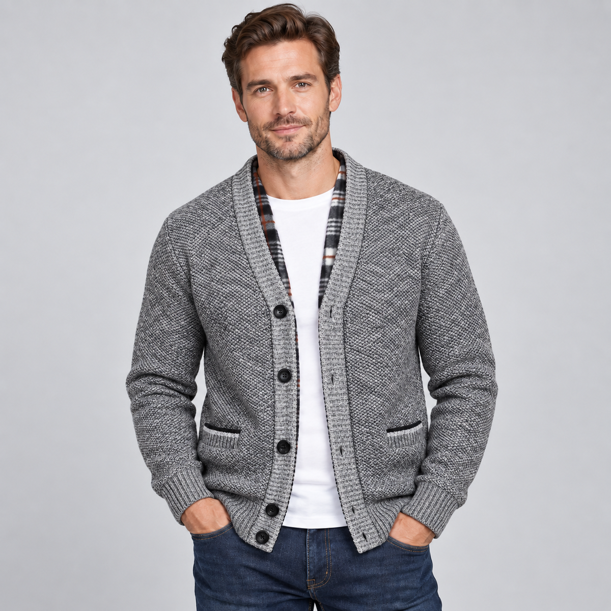 Men Fleece Lined Cardigan V-Neck Button Front