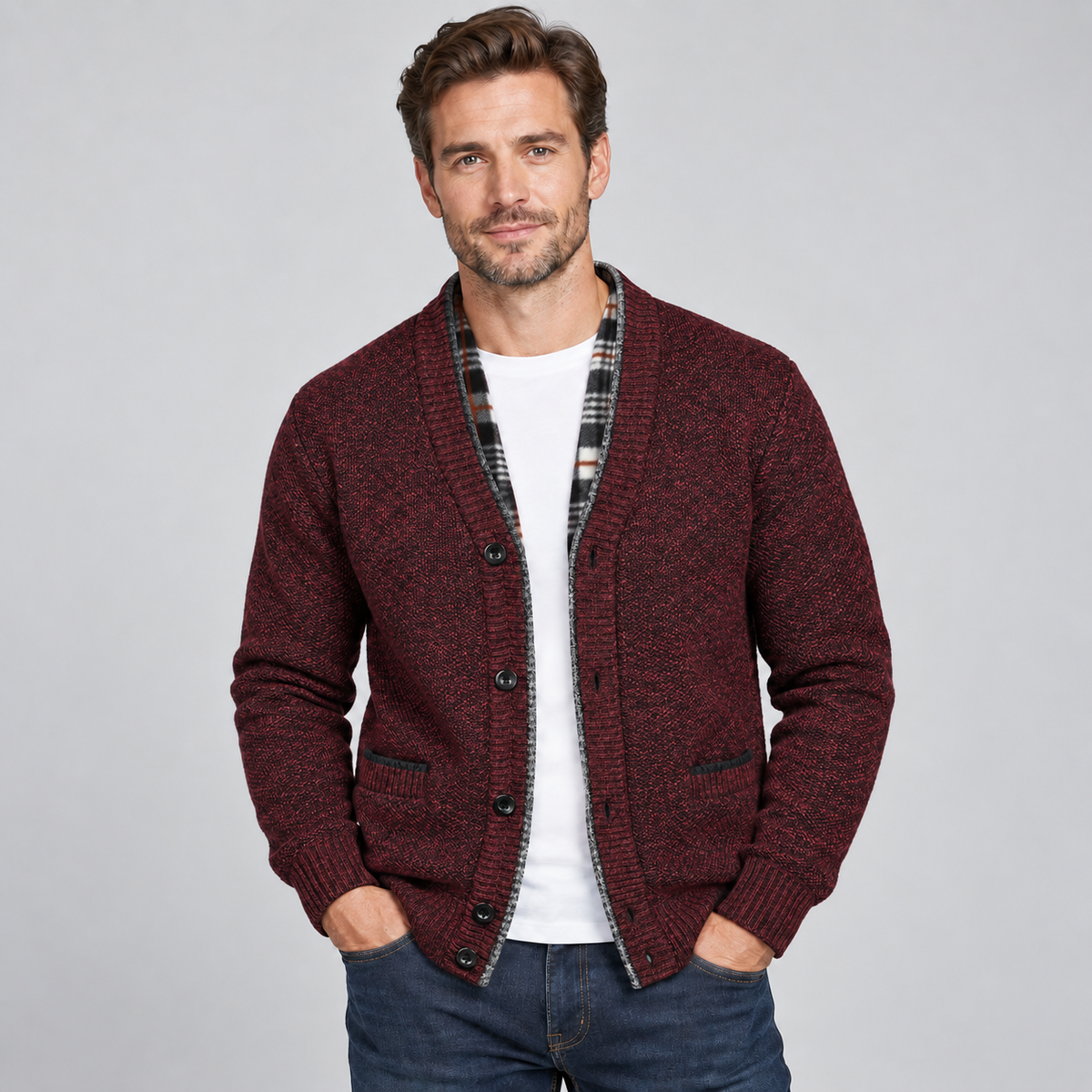 Men Fleece Lined Cardigan V-Neck Button Front