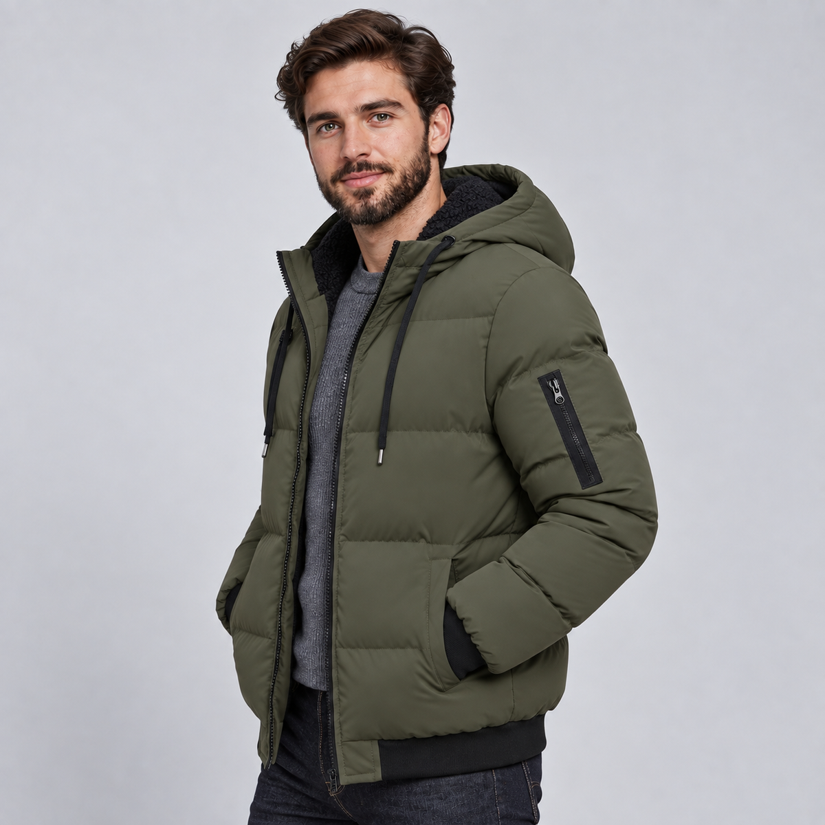 Men Hooded Puffer Jacket Quilted Padded Winter Coat