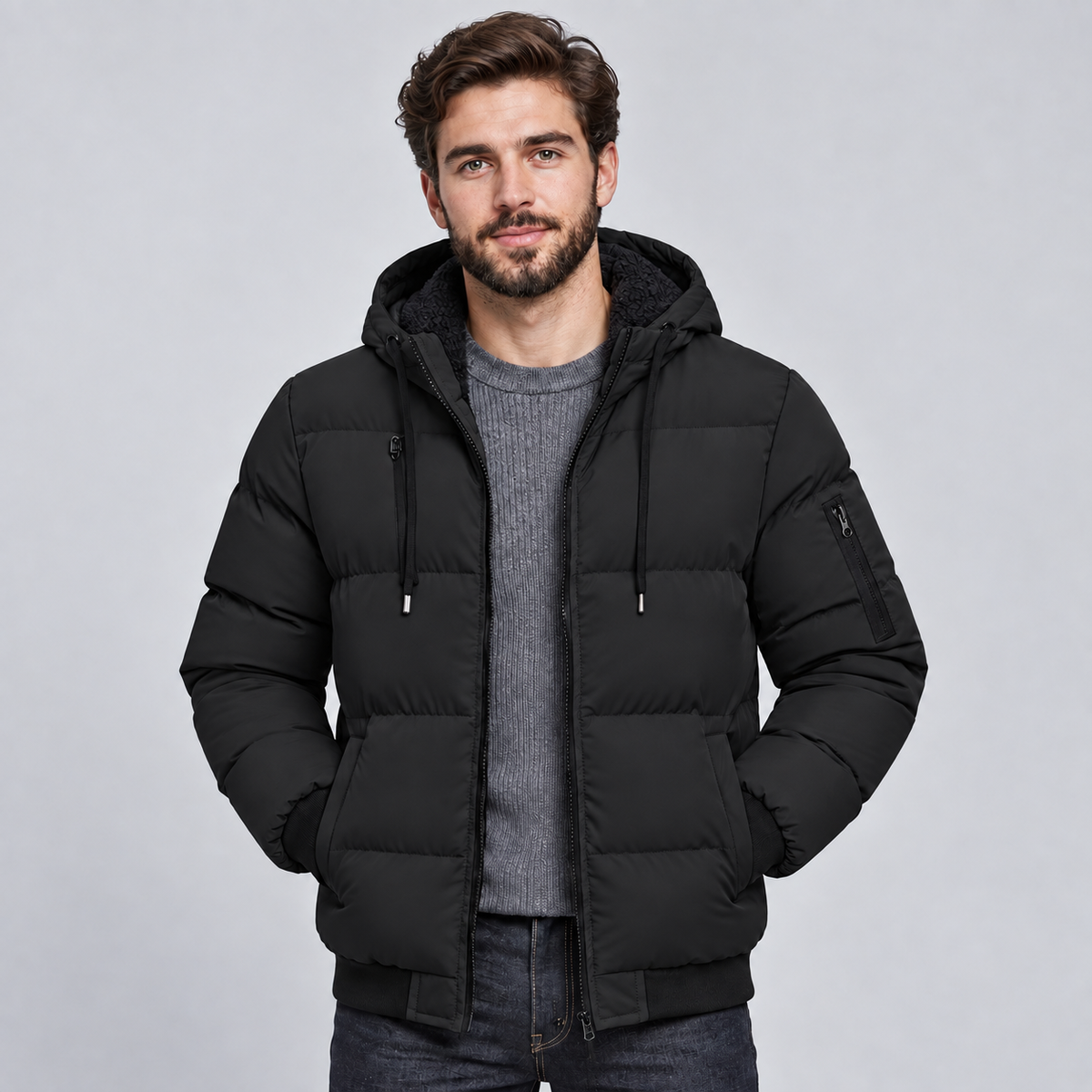 Men Hooded Puffer Jacket Quilted Padded Winter Coat
