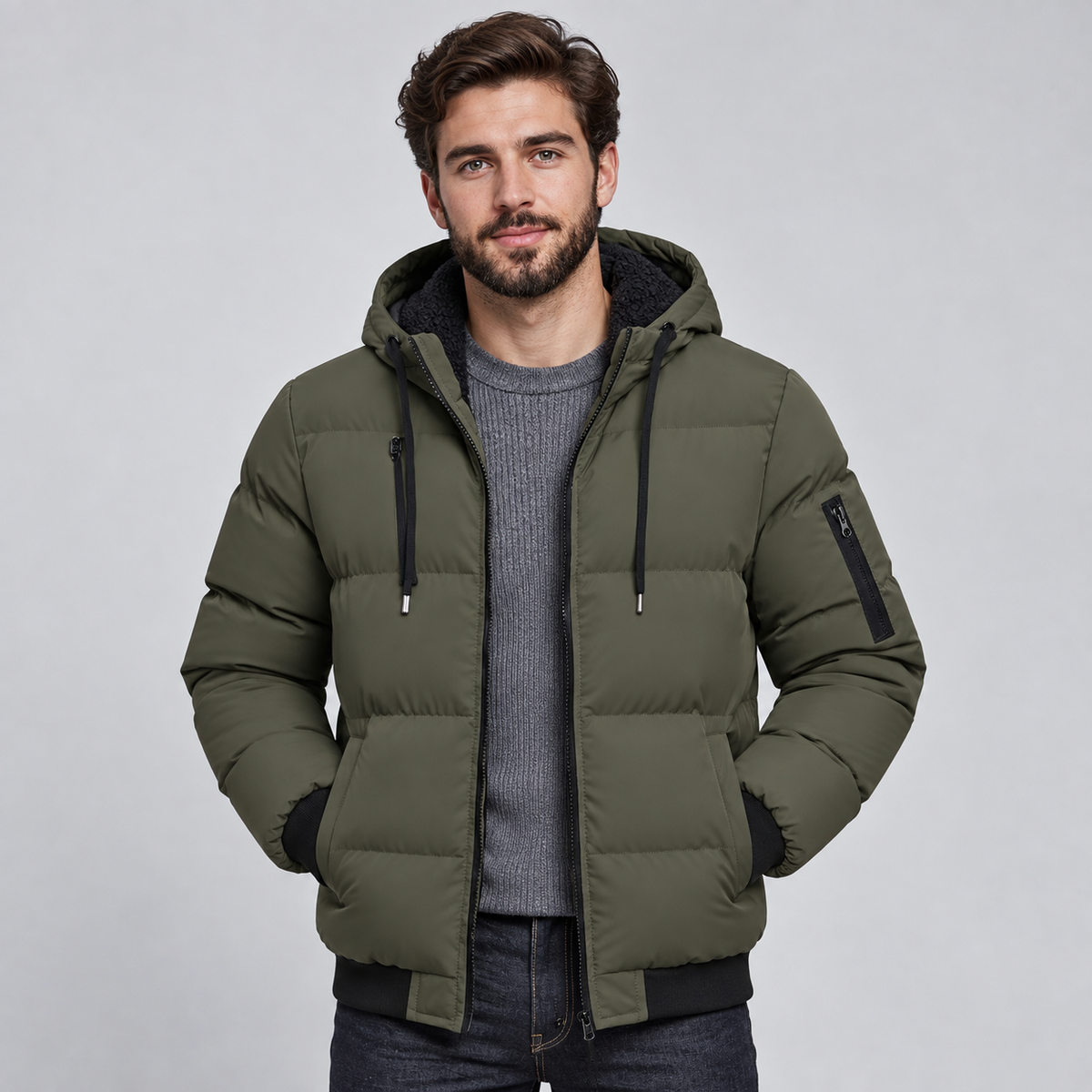 Men Hooded Puffer Jacket Quilted Padded Winter Coat