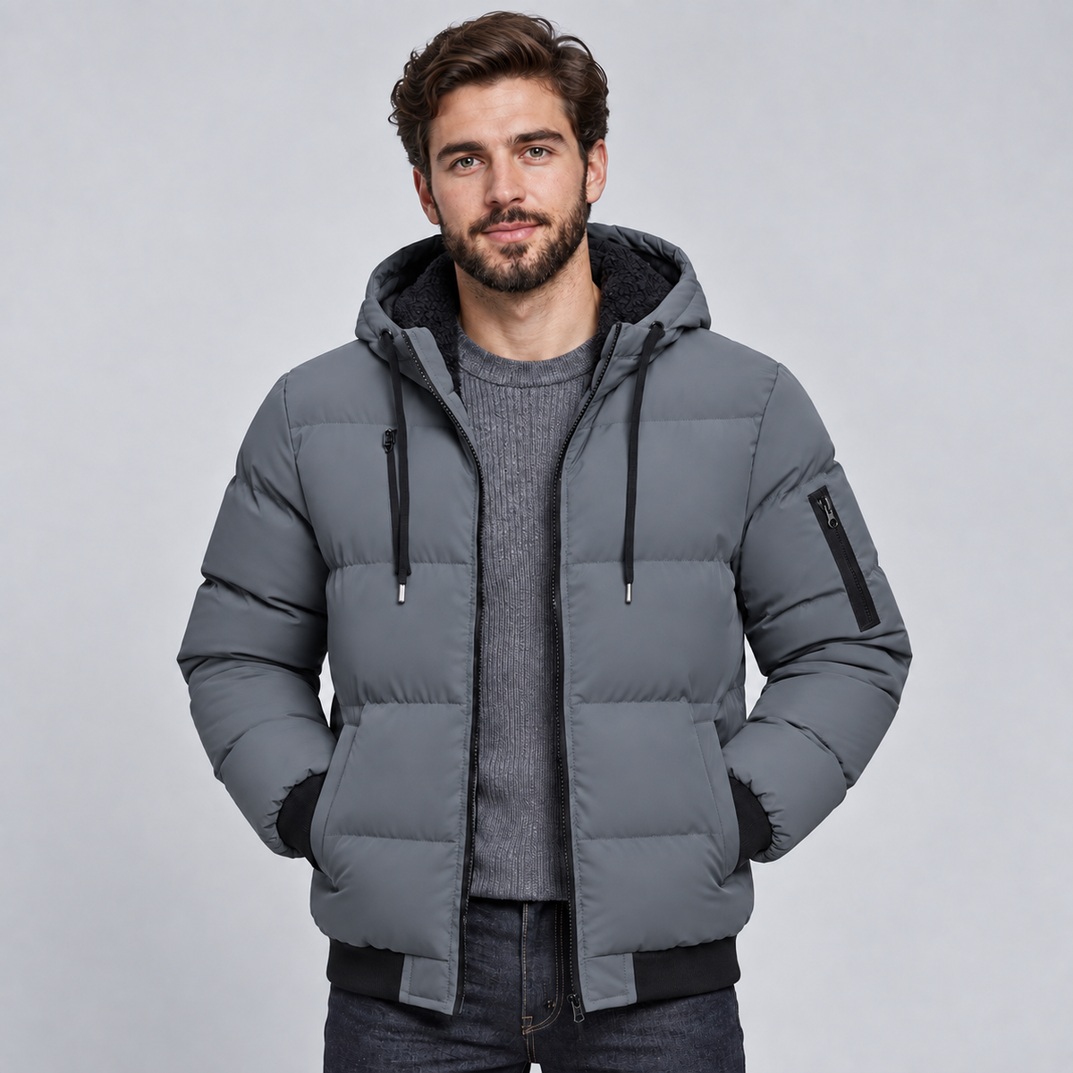 Men Hooded Puffer Jacket Quilted Padded Winter Coat